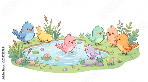 Colorful cartoon birds by a pond.