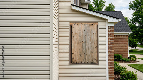 Window boarded up plywood severe… isolated on a clean white background