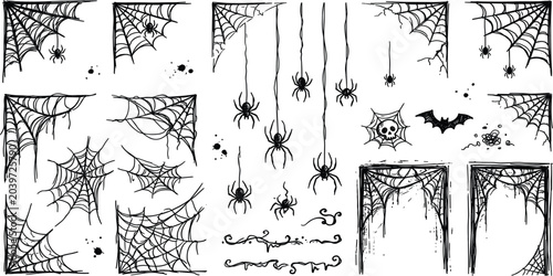 Bild auf Leinwand Halloween Spider Web and Creepy Crawling Spider Collection with Gothic Frames, H