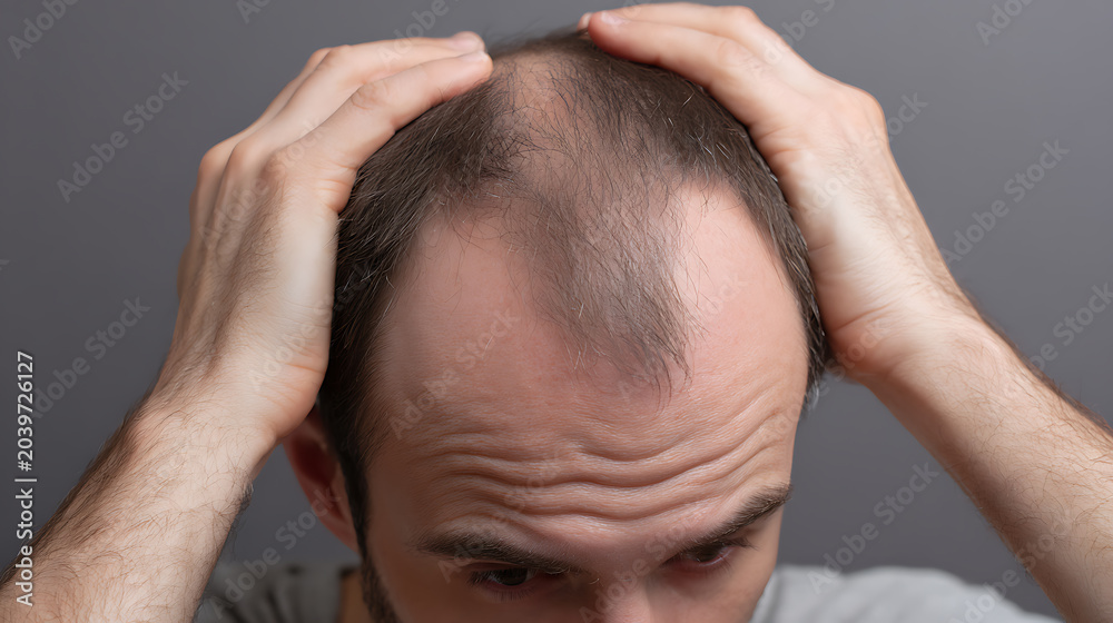 Fototapeta premium Concerned man with visible hair loss and receding hairline, hands on head, inspecting scalp on a neutral gray background, close-up crop
