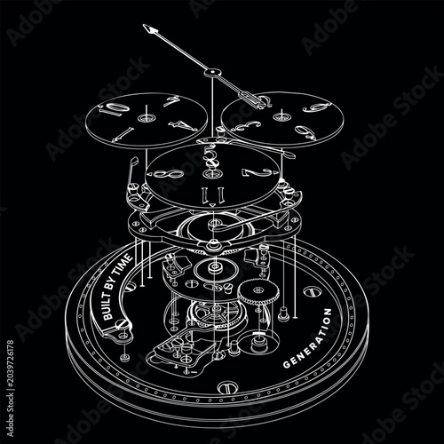 Obraz na plátně Detailed monochrome technical illustration showing an exploded view of a mechanical watch movement with gears, springs, screws, and precision components