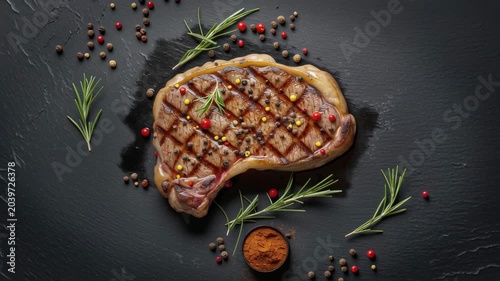 A perfectly grilled rib eye steak, showcasing beautiful sear marks and a succulent, juicy appearance. Generously seasoned with vibrant peppercorns and fresh rosemary sprigs, it rests on a dark slate s