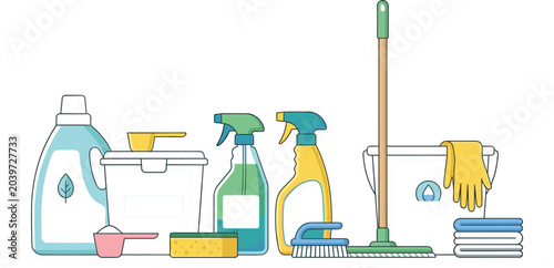 Tableau sur toile Cleaning Products and Housework Supplies Vector Set Featuring Detergent Bottle S