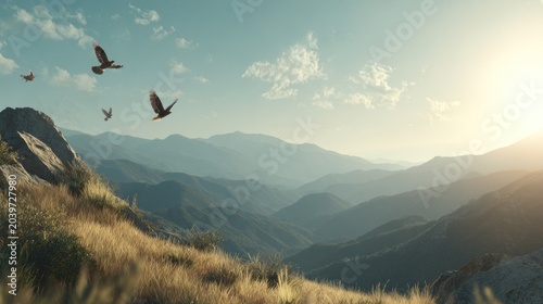 Several large birds soar above layered mountain ranges during a bright sunrise or sunset.