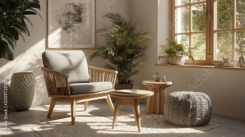 Sunlight streams across a tranquil interior space furnished with natural wood elements and lush greenery