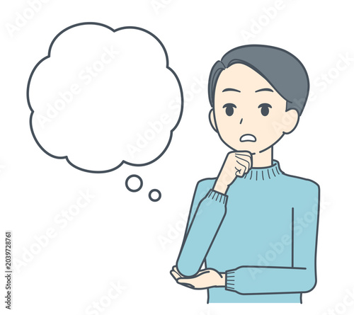 吹き出しとともに考え込む若い男性のイラスト