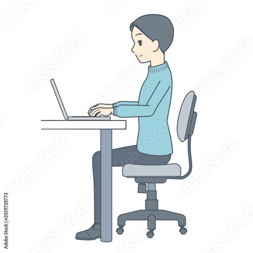 真横から見た、ノートパソコンで作業する若い男性のイラスト