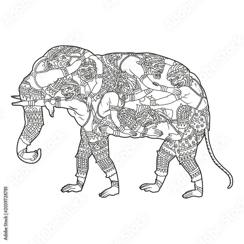 The line drawing of Hanuman with his body clasped in Thai painting.