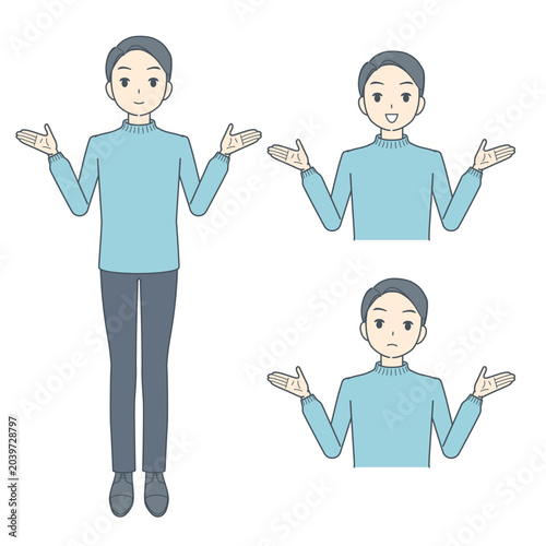 両手を広げ、比較や選択を行う若い男性のイラストセット