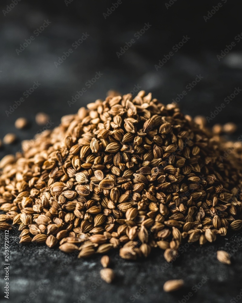 Obraz premium A close-up of a mound of coriander seeds, showcasing their earthy tones and textures against a dark background.