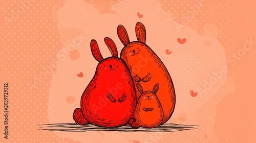 Three plump cartoon rabbits huddle together against a soft, textured background with floating hearts