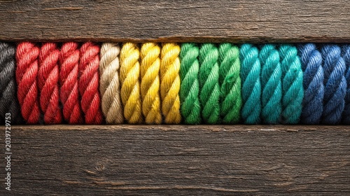 Row of thick ropes displaying a spectrum of vibrant colors nestled between dark wooden planks.