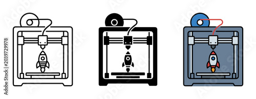 3D printer icon set for manufacturing and prototyping outline, solid and color styles, white background