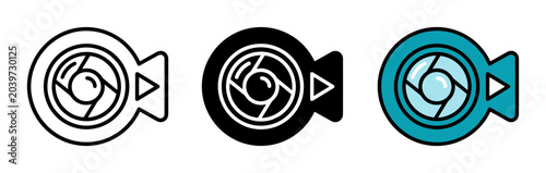 Canvas Print Video camera icon set for recording and media playback outline, solid and color