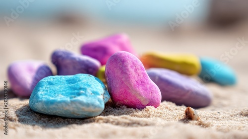 Group of brightly colored polished stones resting on fine beach sand under natural daylight