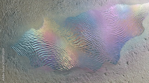 Iridescent, textured surface displays shifting waves of pastel colors against a metallic background.