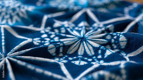 Indigo-dyed shibori resist fabric unfolded and arranged flat, geometric snow-fold triangle pattern revealed in negative space between saturated woad fields, collection and variety of tied resist tec