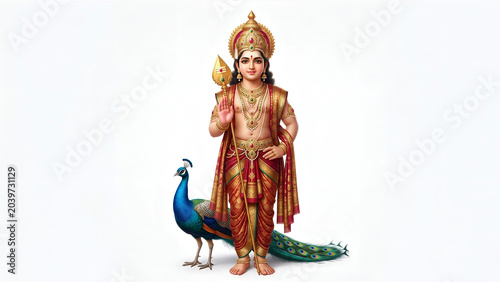 Hindu Deity Lord Murugan Standing with Peacock Companion