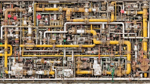 Intricate network of industrial piping and machinery covers a large wall surface.