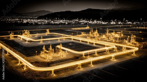 Industrial processing complex infrastructure glows brightly against a dark nighttime landscape.