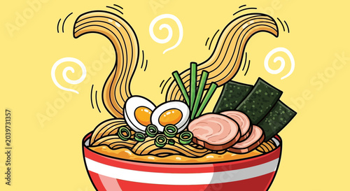 Delicious ramen bowl illustration with noodles eggs and garnishes on yellow background