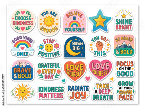 Fotografía Colorful motivational stickers on white.