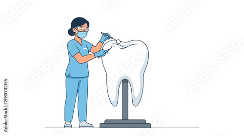 Foto Female dentist working on large molar tooth model.
