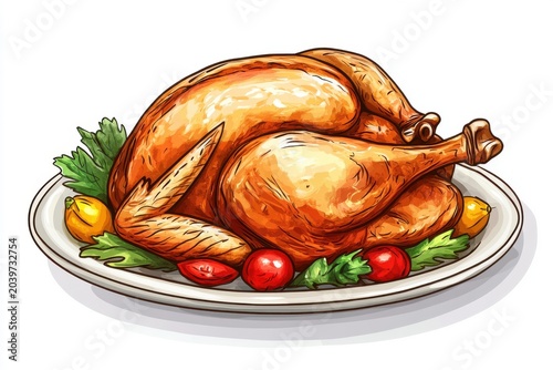A beautifully roasted turkey garnished with colorful vegetables, perfect for a festive meal.
