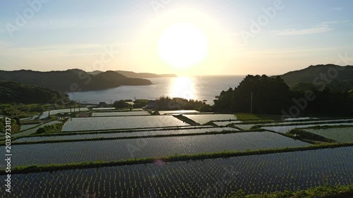 夕日が海に沈みかける頃の棚田（佐賀県　駄竹の棚田）
