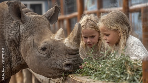 Two little girls watch intently as a rhinoceros eats leaves from their hands against a neutral background—a wonderful scene for children’s education, zoos and the conservation of endangered species.