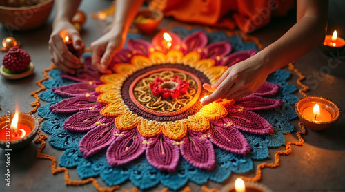 Hands creating vibrant rangoli design with lit diyas around