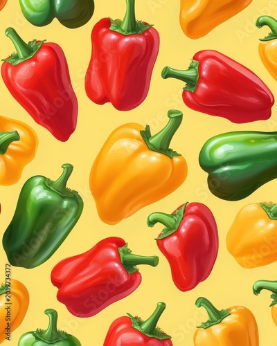 A vibrant pattern of red, yellow, and green bell peppers against a cheerful yellow background.