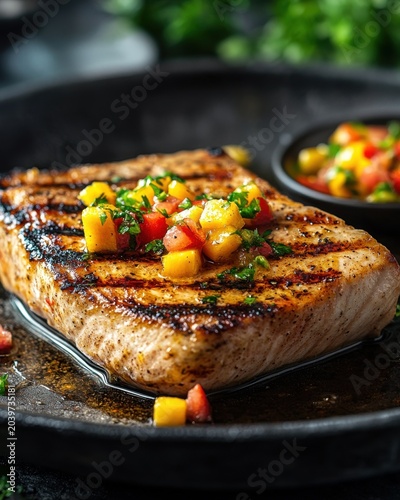 Grilled fish fillet topped with fresh mango salsa, served on a rustic plate with a garnish of herbs.