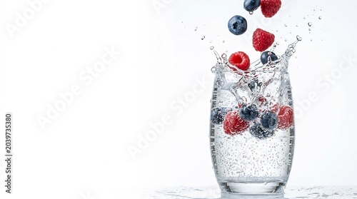 Fresh Berry Splash Falling Into Clear Glass of Sparkling Water on White Background