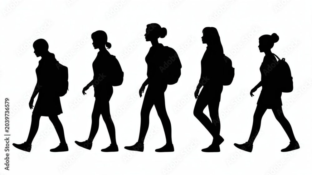 Obraz premium Group of silhouettes walking together carrying backpacks in sequence