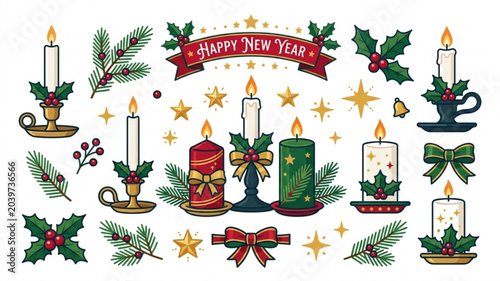 Slika na platnu Christmas prayer candles with holly and festive stars vector holiday collection