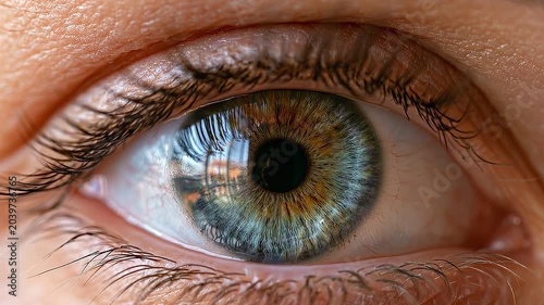 Extreme Close Up of a Static Hazel Green Human Eye Blinking.