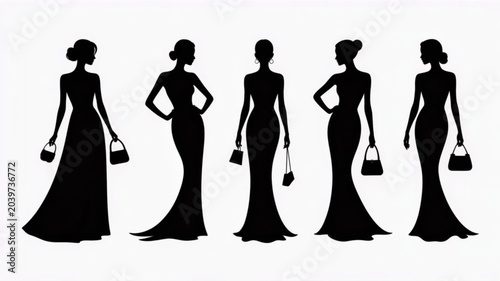 Elegant silhouettes of women wearing long evening gowns and clutch bags