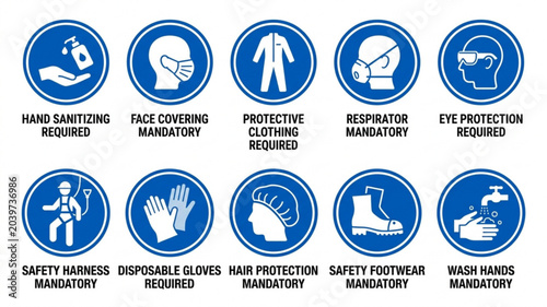 Foto Workplace hygiene and mandatory safety sign icons isolated vector collection for
