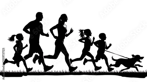 Family Running Together With Dog Silhouette Illustration On Grass