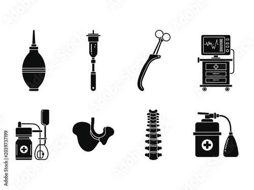 Obraz na płótnie Medical suction bulb aspirator surgical clamp heart monitor and spinal anatomy i