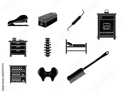 Quadro em tela Clinical and surgical icon set featuring stapler skin graft tool medical cabinet