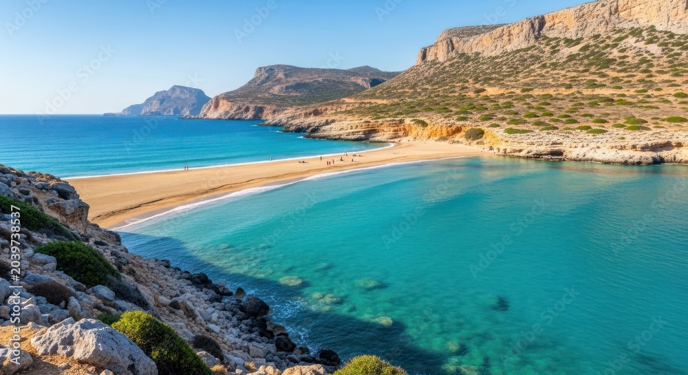 Obraz premium Stunning panoramic view of Simos Beach, Elafonisos, Greece, with turquoise waters and golden sand under a clear blue sky.