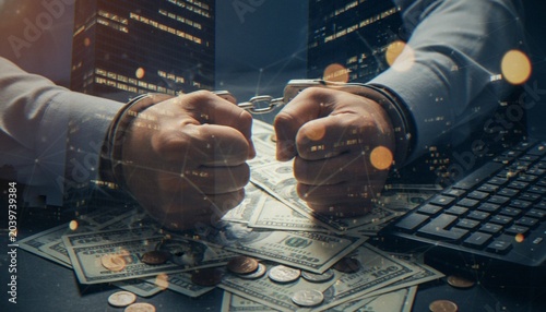 Fotografie A business person in handcuffs rests their fists on a desk covered with US dollar bills and coins, symbolizing white-collar crime, financial fraud, and legal consequences in the digital age