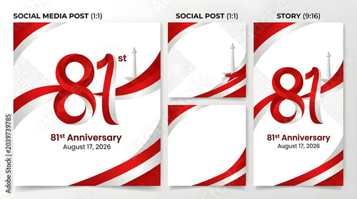 81st Anniversary Social Media Templates for Indonesian Independence Day, featuring patriotic red and white ribbon elements and a national monument illustration