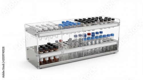 Laboratory test tubes in a rack isolated on white background