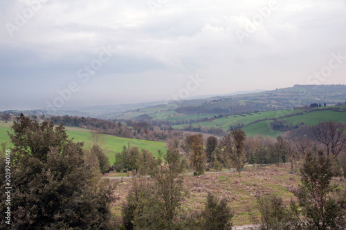 Fotografía View of the untamed or fallow lands of the Umbria Valley (or Spoleto Valley) at sunset