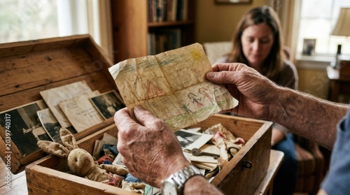 Elderly Person Unveiling Memories - Exploring a Treasure Chest of the Past.