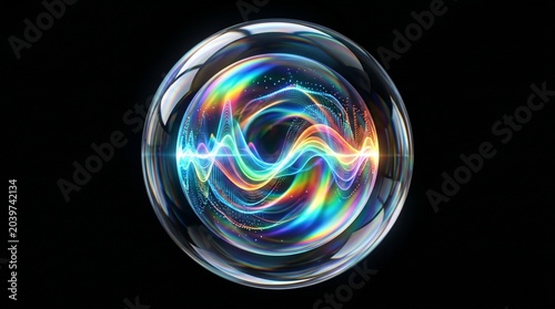 Vibrant iridescent glass sphere with swirling rainbow colors and light trails on a black background for futuristic technology and design concepts