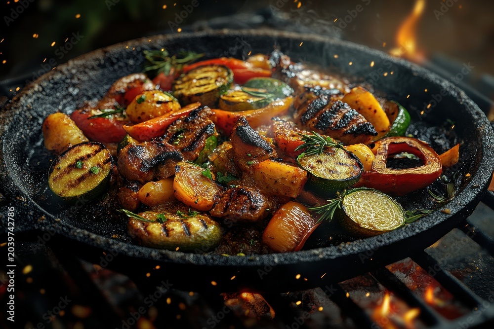 Fototapeta premium Grilled vegetables and meats sizzle on a cast iron skillet, creating a delightful smoky atmosphere.